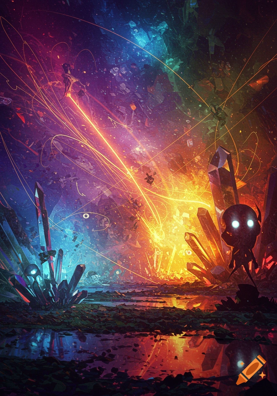 Vibrant abstract landscape with glowing crystals and orange light beams, featuring small dark figures with glowing eyes.