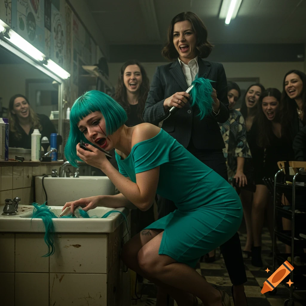 A woman with teal hair screams in distress while leaning over a sink, her cut hair falling into it, as another woman laughs while holding clippers and a clump of teal hair. Other women are in the background, also laughing.