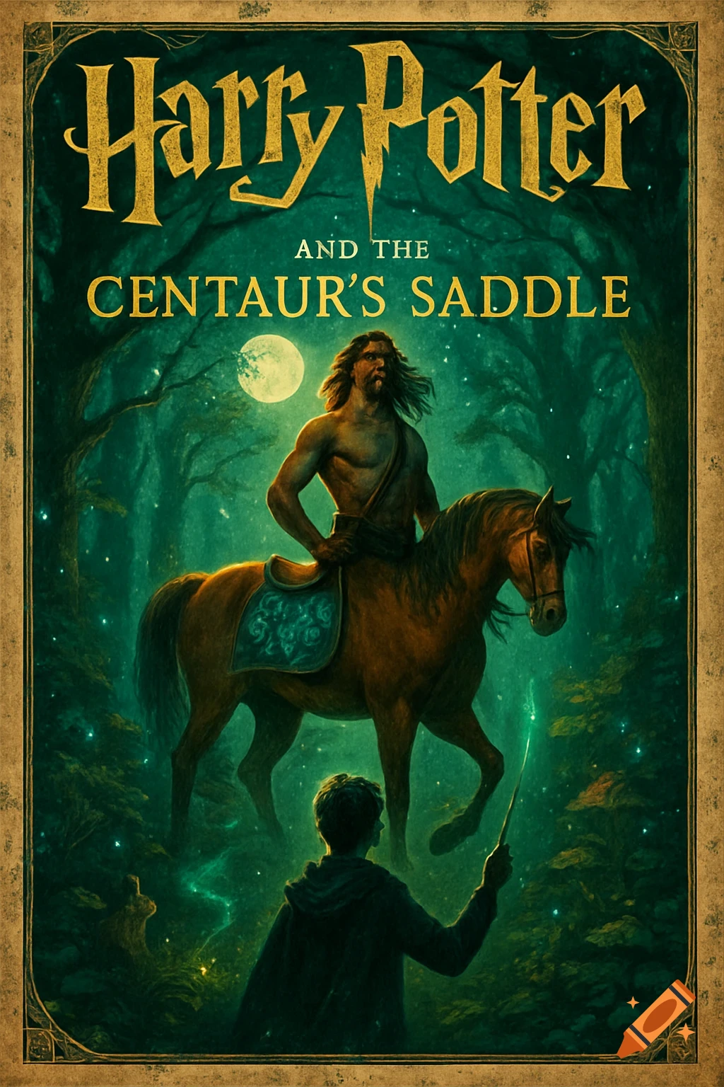 A fantasy book cover titled 'Harry Potter and the Centaur's Saddle' depicts a young wizard in a dark forest looking up at a muscular man riding a horse under a full moon. Golden text on a green background.