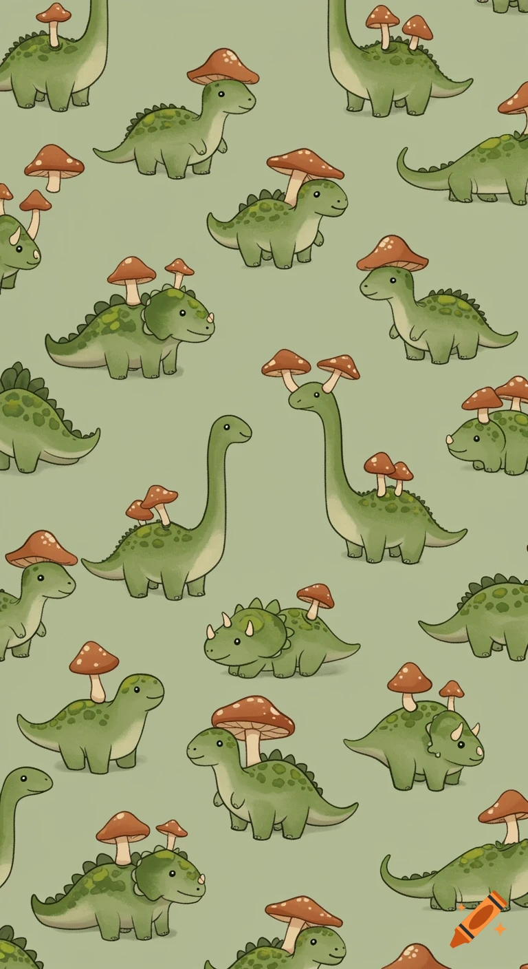 A repeating pattern of cute green dinosaurs with mushrooms on their heads and backs, set against a plain light green background.