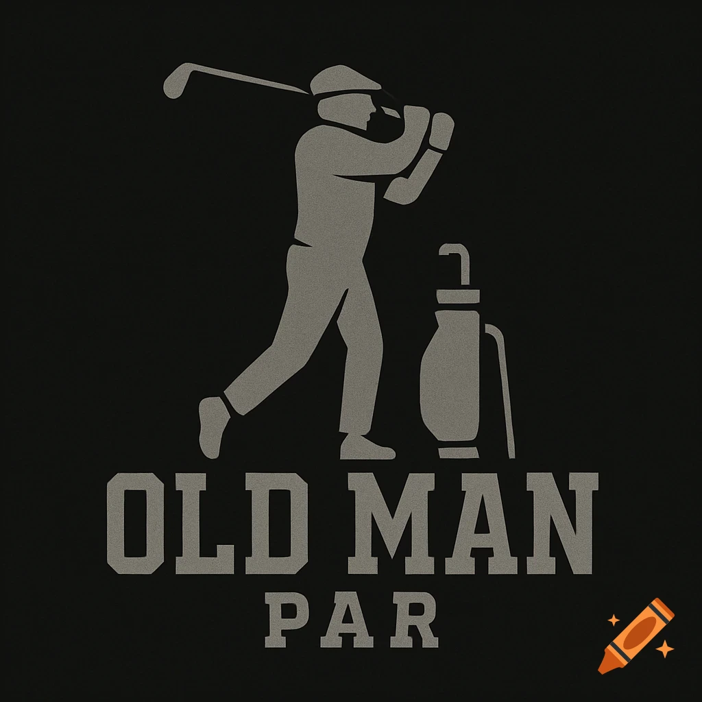 Minimalist gray silhouette logo of an old man mid-swing with a golf club next to a golf bag, with 'OLD MAN PAR' text on a black background.