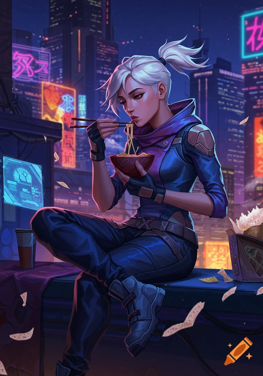 A white-haired woman with a high ponytail, dressed in a blue and purple futuristic outfit, sits on a rooftop at night eating noodles with chopsticks against a backdrop of neon-lit cyberpunk city skyscrapers.