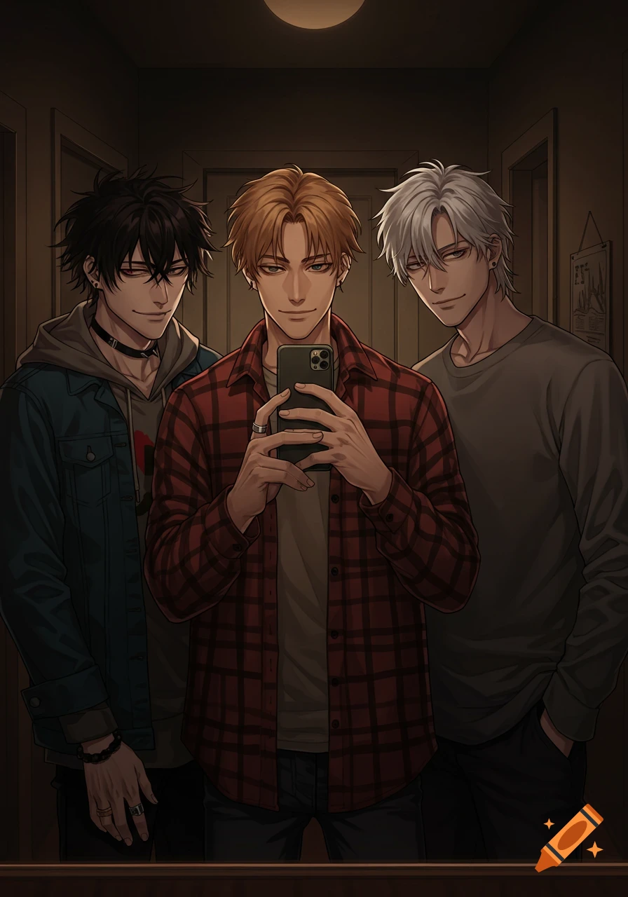 Three attractive anime men take a mirror selfie in a dimly lit apartment hallway.