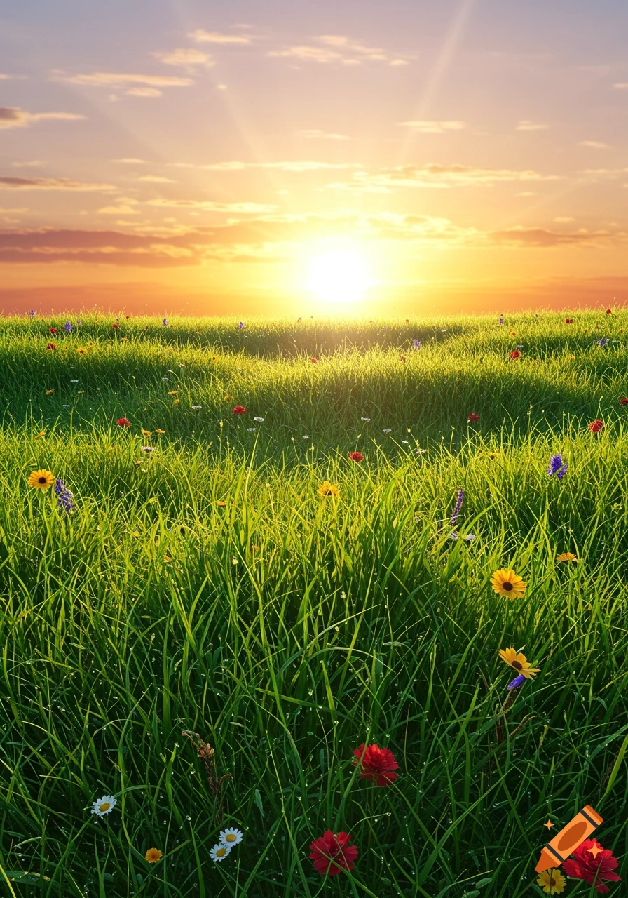 A vibrant green field of grass with colorful wildflowers under a bright golden sunset.