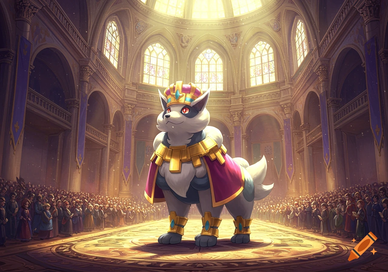 A majestic Bidoof-like creature in a crown and royal robes stands in a grand, sunlit cathedral before a large crowd.