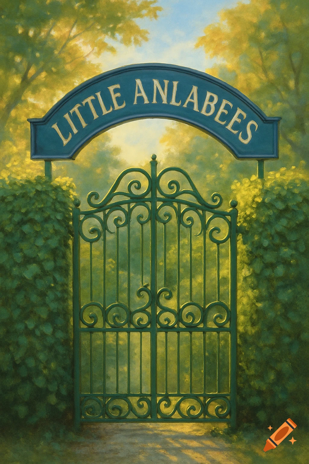 An ornate green metal gate under an arched sign reading "Little Anlabees," flanked by hedges and sunlit trees in a painterly style.