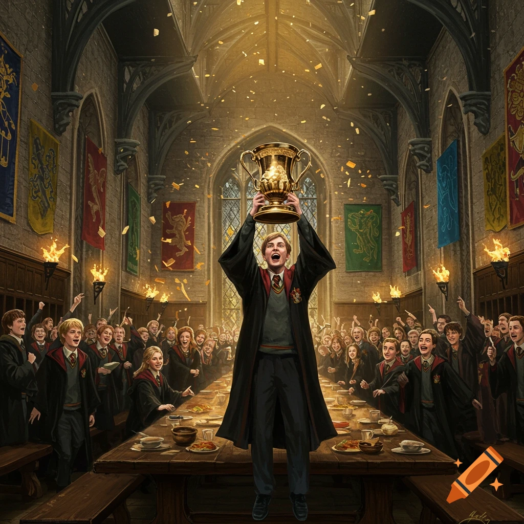 A young wizard holds the golden House Cup high in a grand hall, surrounded by cheering students and falling confetti, celebrating a victory.