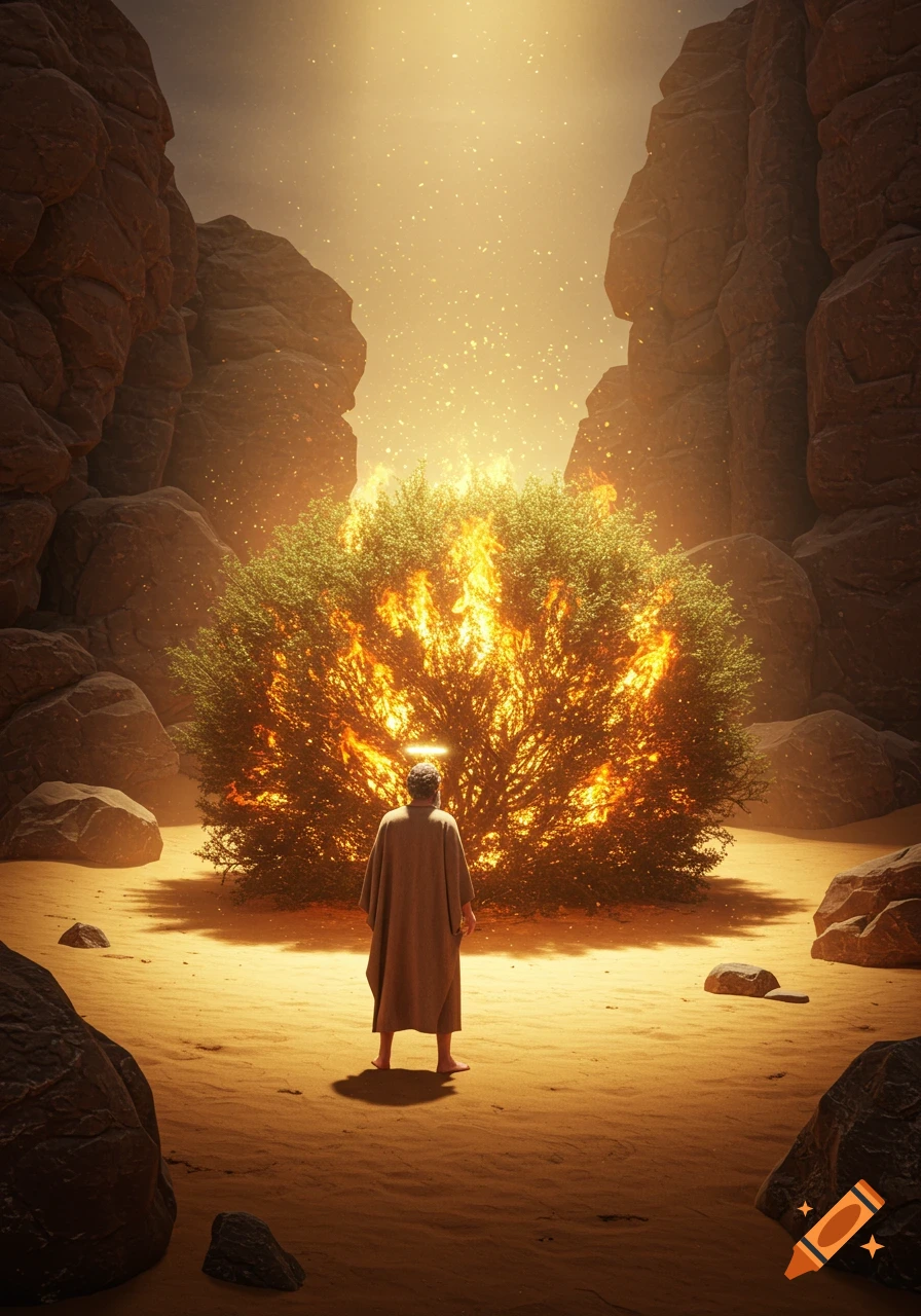 A figure with a halo stands before a large, green bush engulfed in bright flames in a rocky desert landscape under a golden, dusty sky.