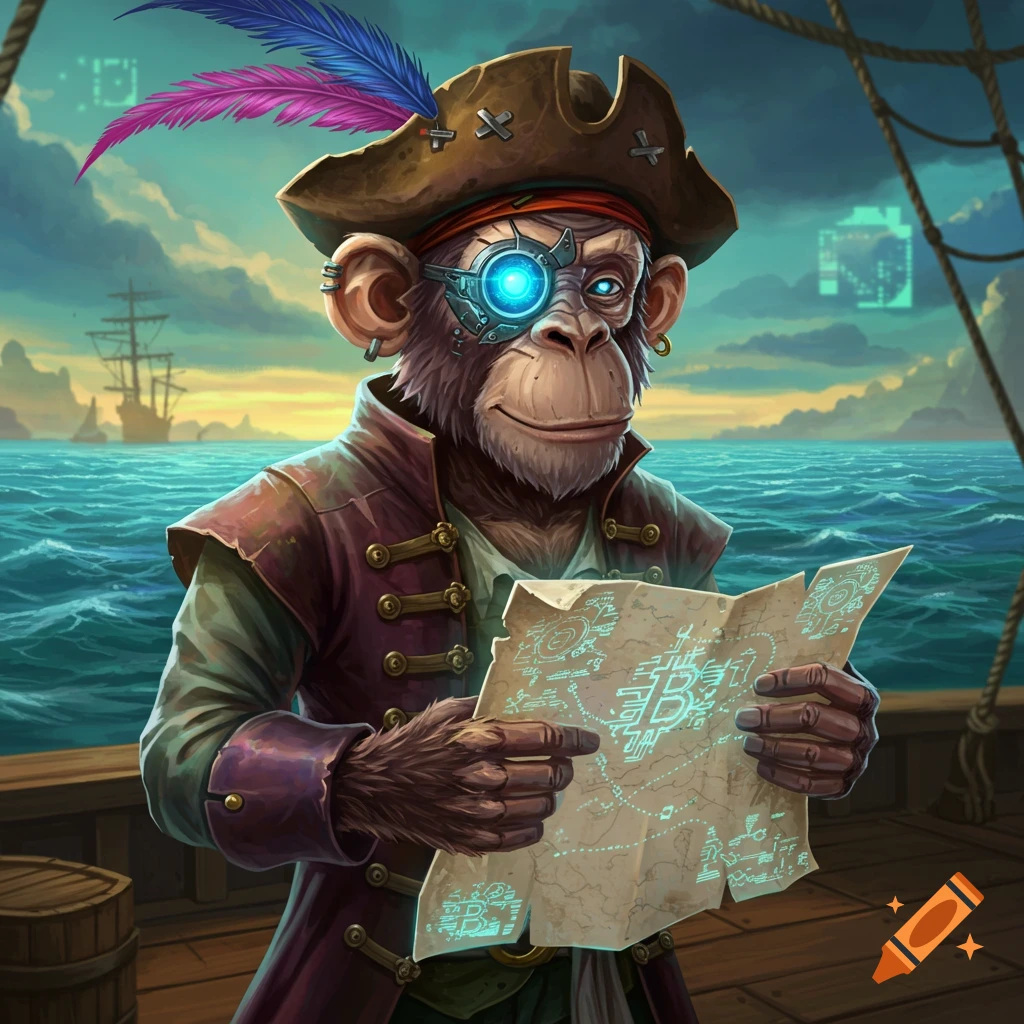 A digital art rendering of a pirate monkey with a glowing eye patch holding a glowing map on a ship at sea.