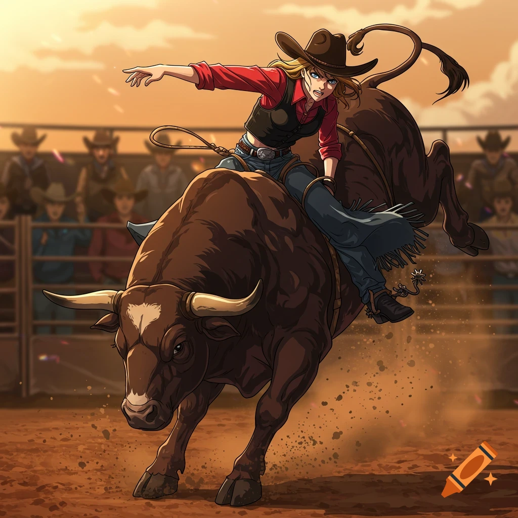 Anime style cowgirl in a red shirt and chaps riding a bucking bull in a rodeo arena with spectators in the background.