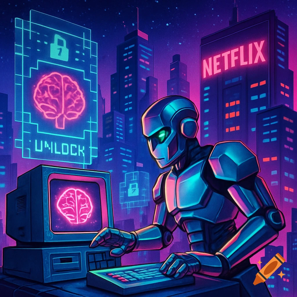 A metallic robot sits at a retro computer, typing in front of a neon futuristic cityscape. A holographic screen shows a brain and 'UNLOCK' text, with a 'Netflix' sign on a building.