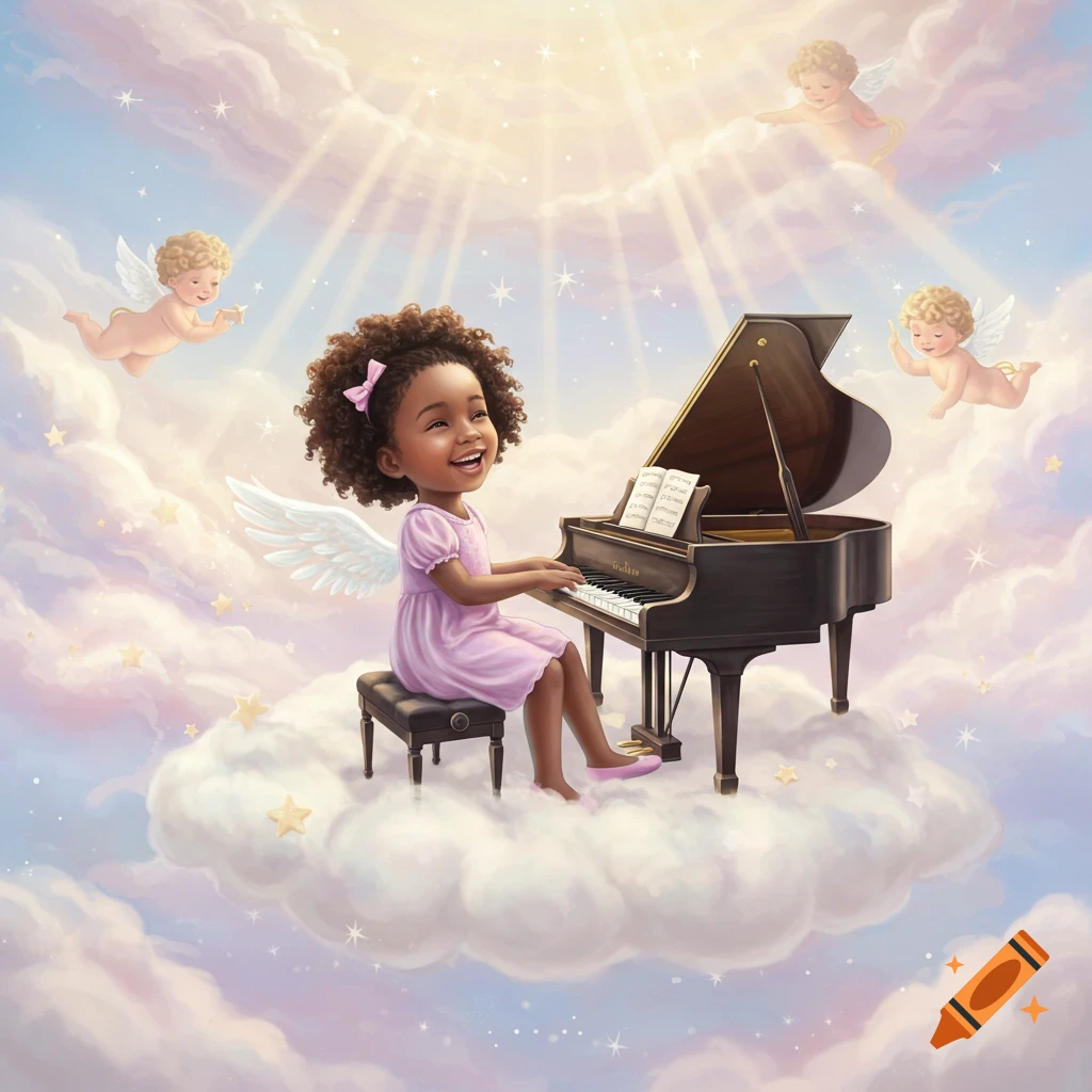 A happy cartoon Black girl with curly hair and angel wings plays a grand piano on a cloud, surrounded by cherubs.