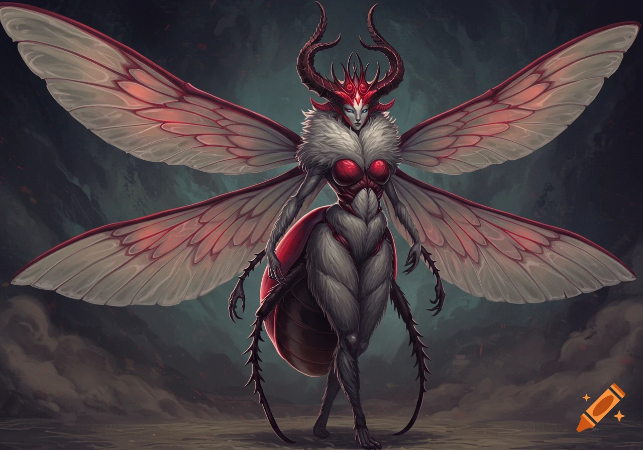 A fantastical female-shaped insectoid creature with large, delicate red and white moth wings, horns, and a furry grey and red body.