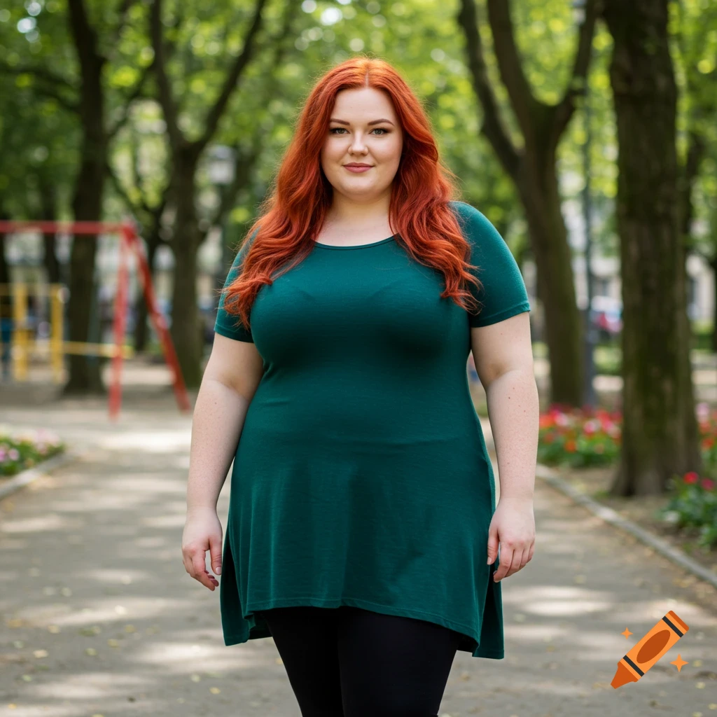 A red-haired plus-size woman in a green top and black leggings stands smiling on a park path surrounded by trees.