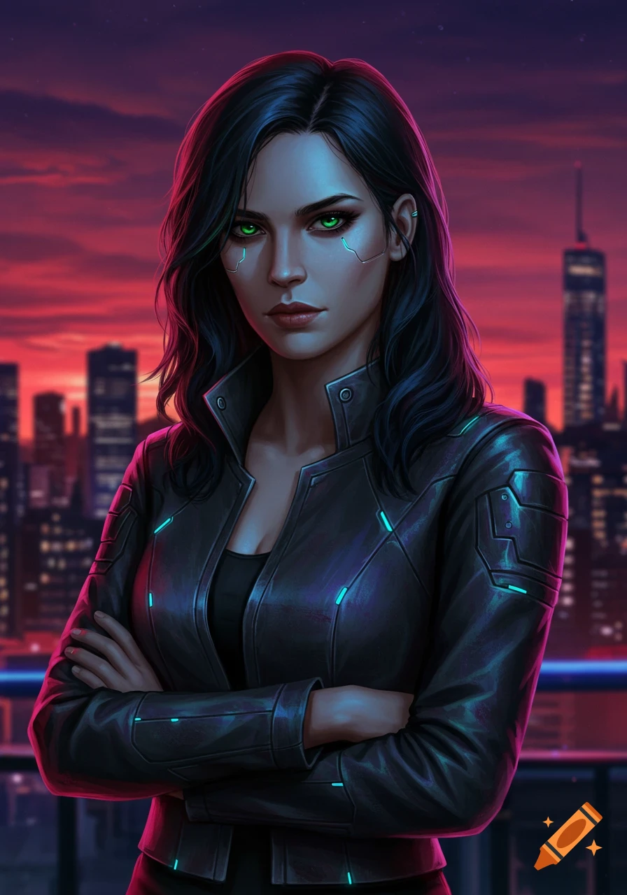 Digital art portrait of a woman with glowing green eyes and subtle facial implants, wearing a dark futuristic jacket, against a city skyline at dusk.