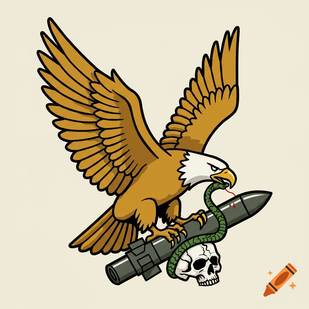 A bold, vector-style illustration of a golden eagle flying, holding a dead snake, a skull, and a missile.