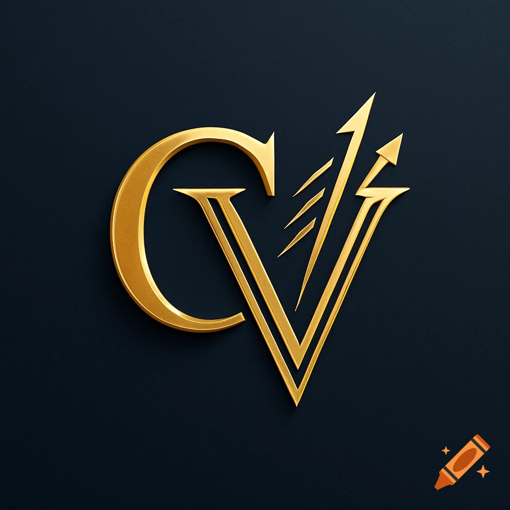 Stylized golden 'C' and 'V' letters with upward arrows, set against a dark blue background. 3D metallic effect, modern graphic design.