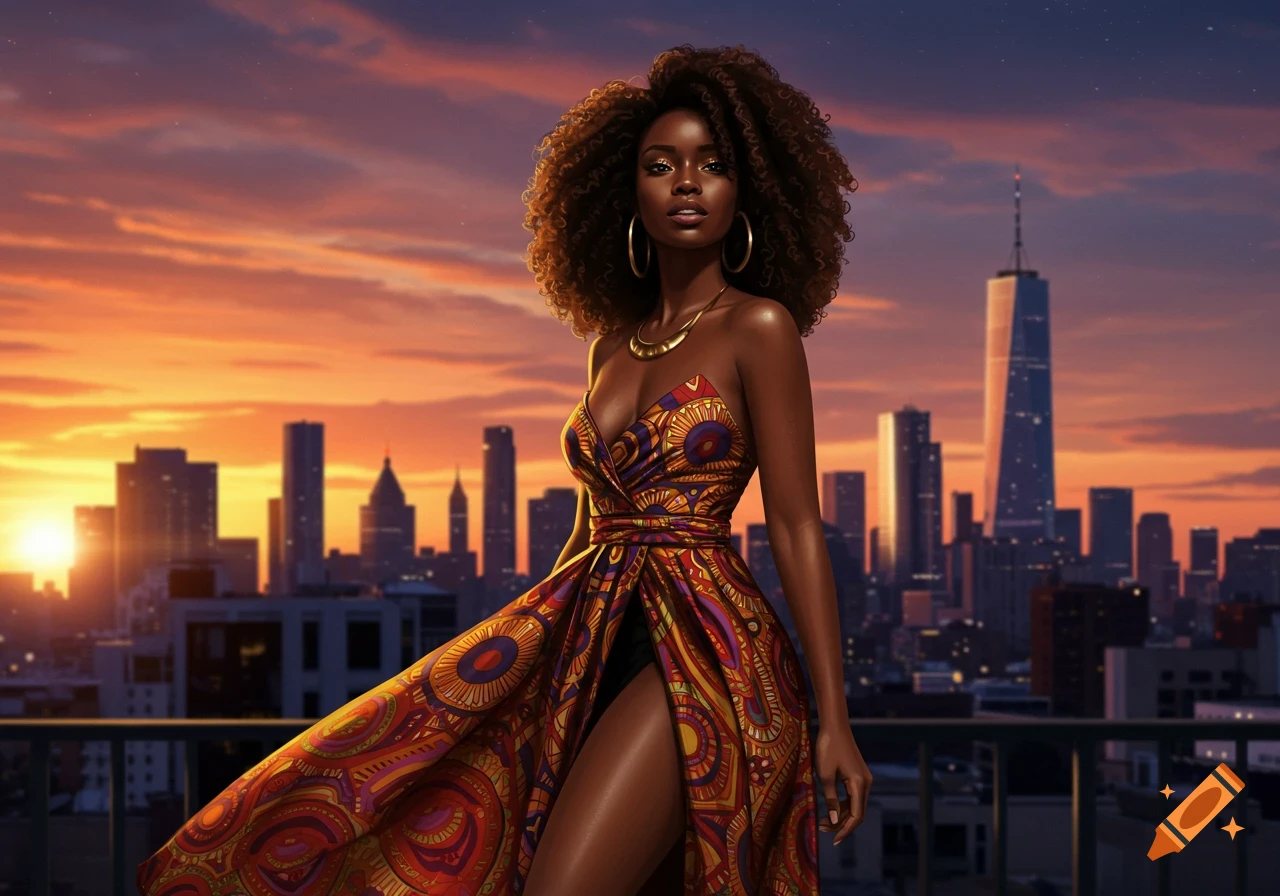 A photorealistic portrait of a Black woman in a vibrant patterned dress standing on a rooftop overlooking a city skyline at sunset.