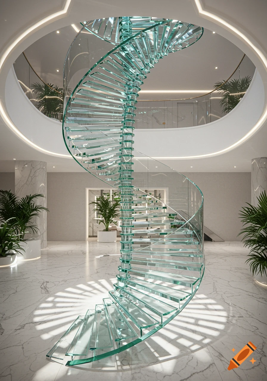 A grand modern foyer with a spiraling clear glass staircase, casting intricate shadows on the white marble floor.