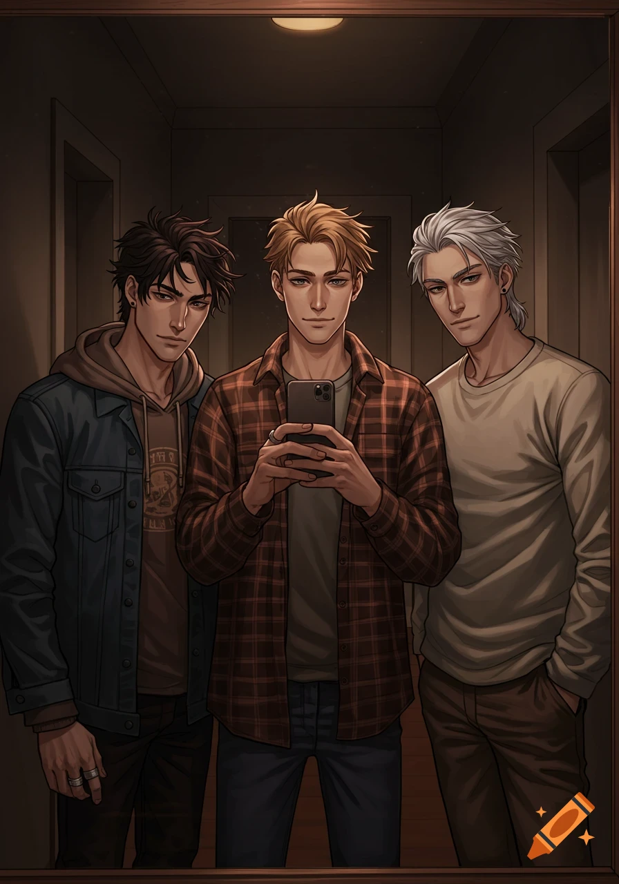 Three anime men, one with dark hair, one with blonde hair holding a phone, and one with white hair, pose for a mirror selfie in a dimly lit hallway.
