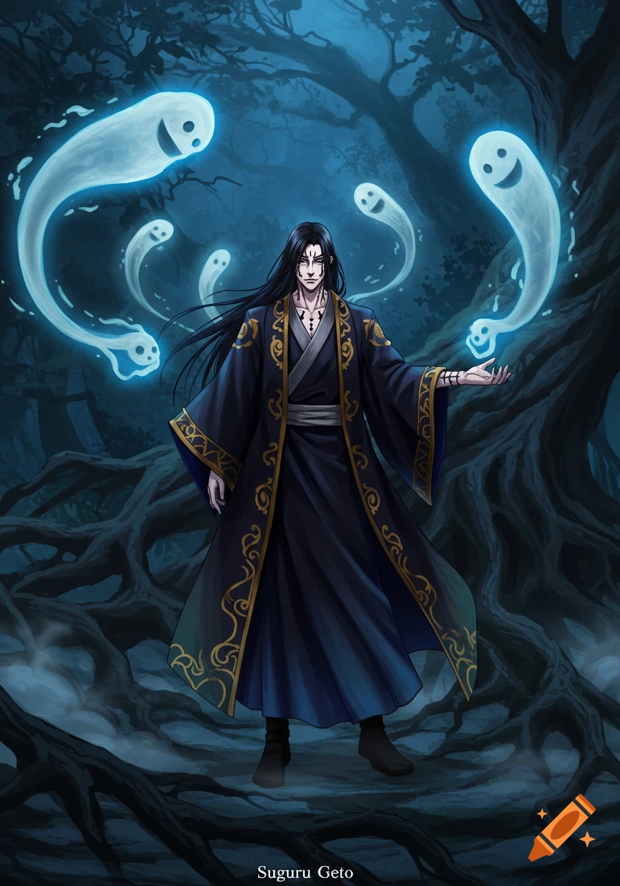 Anime-style character, Suguru Geto, with long black hair and dark robes, surrounded by glowing, smiling ghosts in a dark forest.
