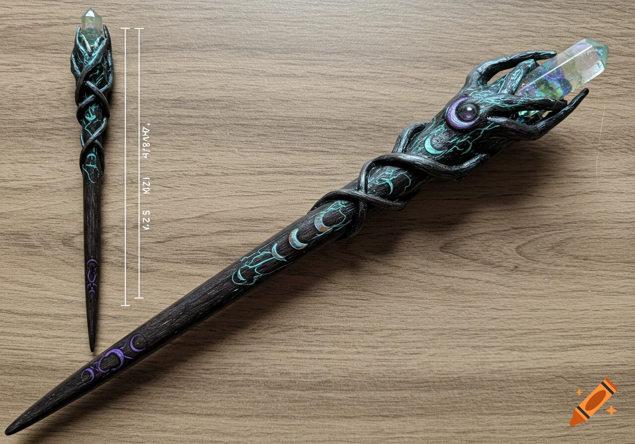 A dark wood wand with teal etched lightning runes and crescent moons, a purple eye, and a large iridescent crystal at the tip, shown on a wooden surface.