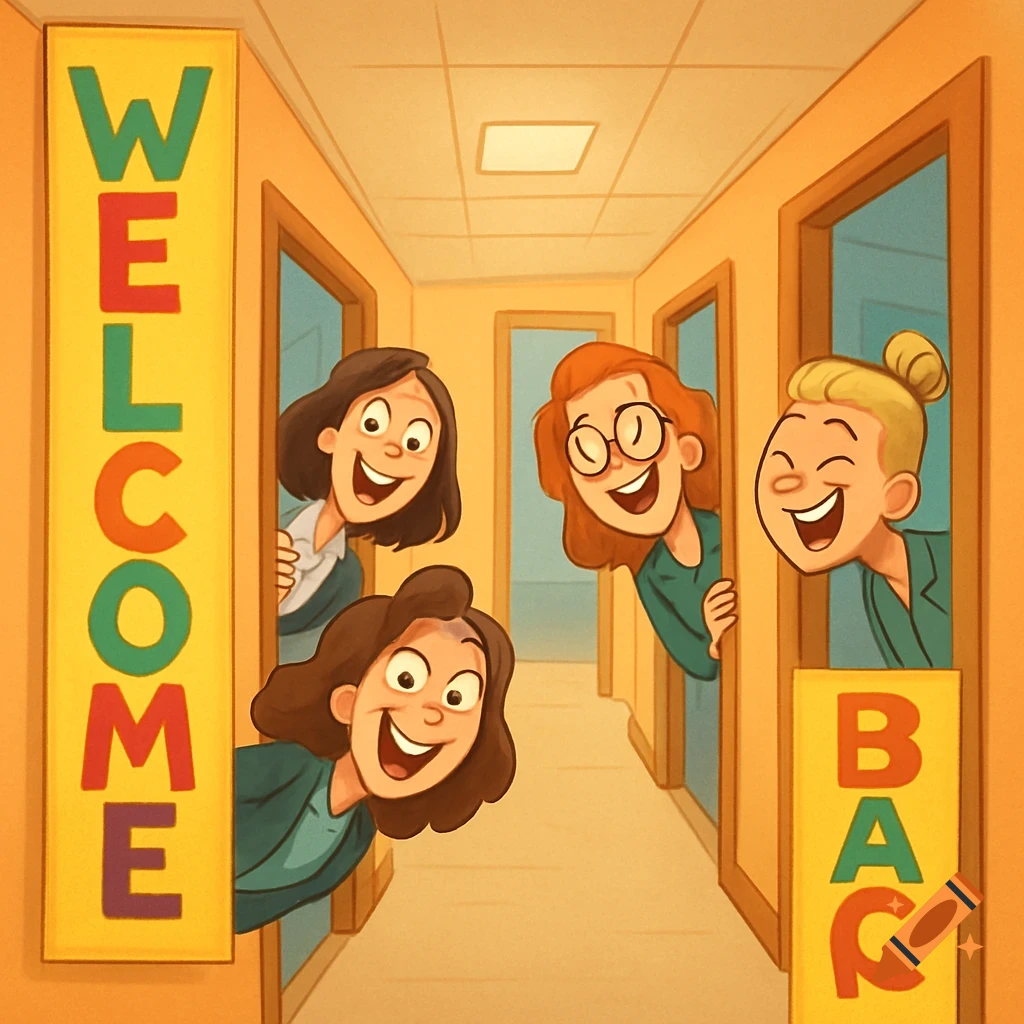 Cartoon illustration of four smiling female staff members peeking from office doorways in a hallway with 'WELCOME' and 'BAC' banners.