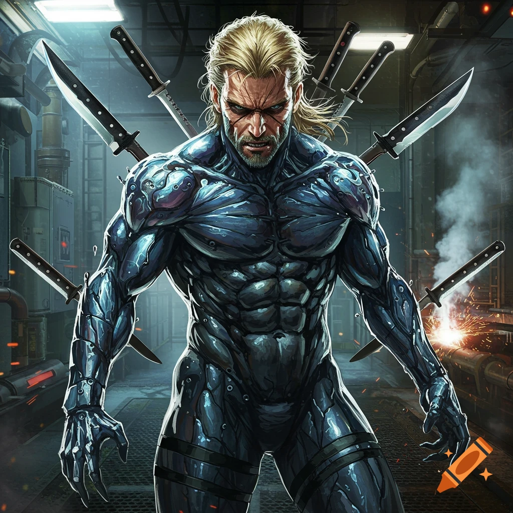 Muscular man with blonde hair and beard in a blue sci-fi suit, with knives around him, in an industrial setting.