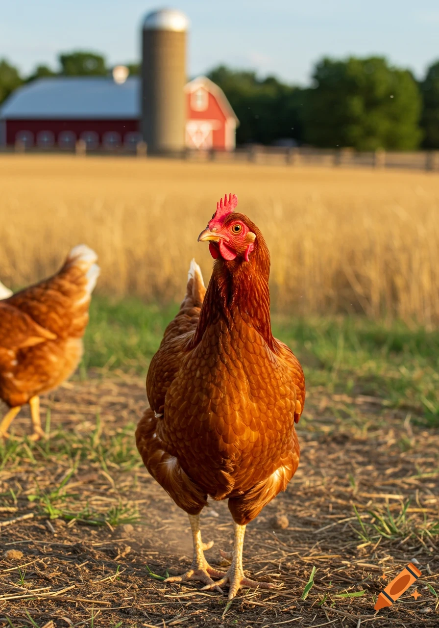 A brown chicken stands in a field with a red barn and silo in the background.