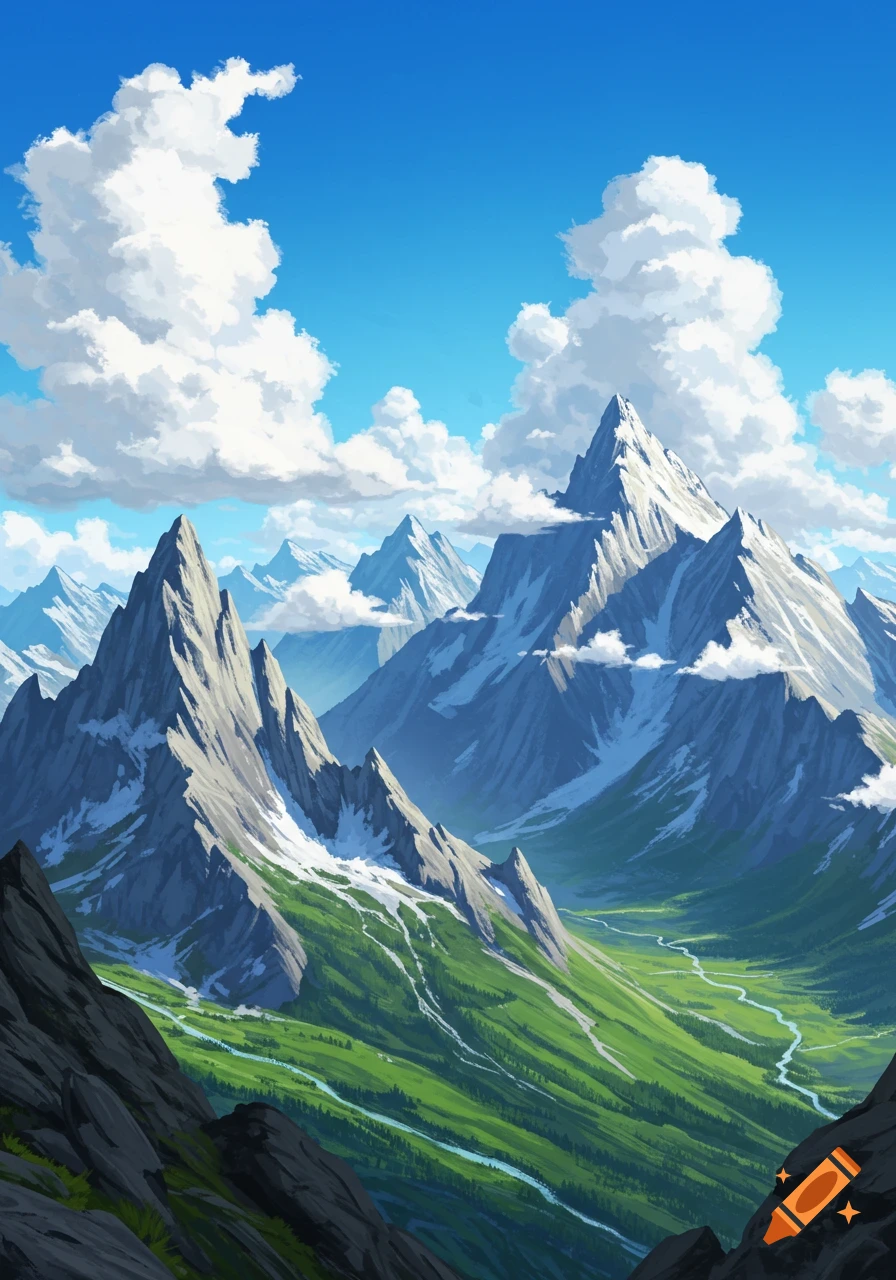A majestic illustration of a mountain range with snow-capped peaks, lush green valleys, and fluffy white clouds under a bright blue sky.