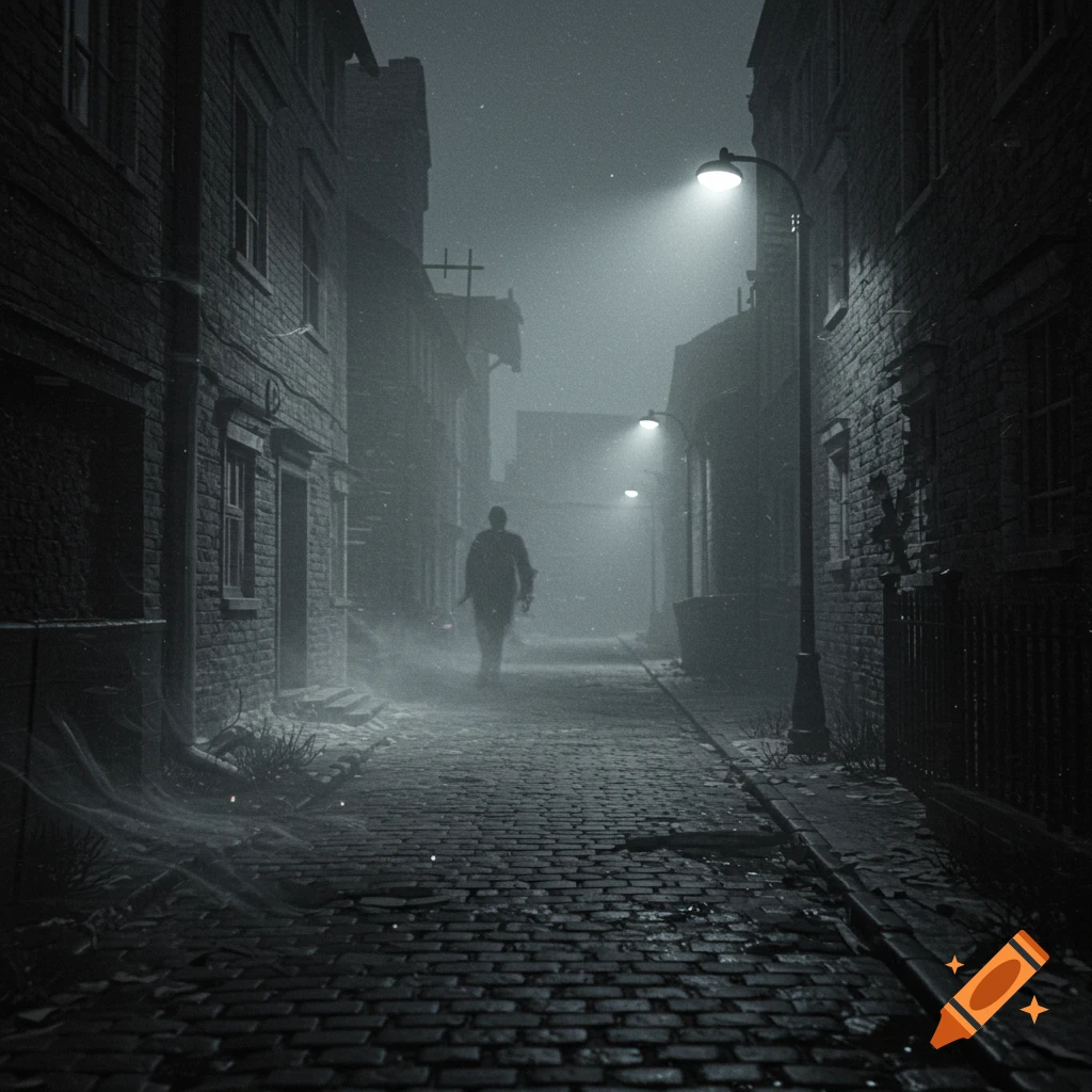 A lone figure walks down a dark, foggy, cobblestone alley lined with brick buildings under dim streetlights in a grainy, monochromatic style.