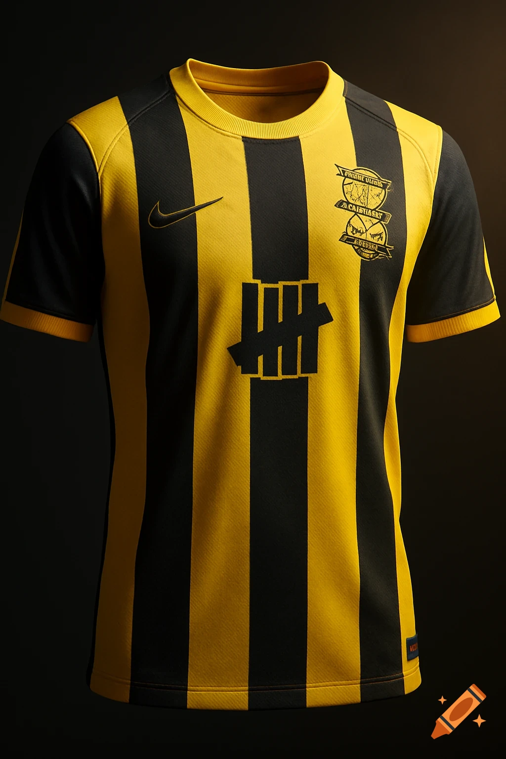 A black and yellow striped football jersey with a black Nike swoosh, an "Undefeated" tally logo, and a black badge with illegible text.