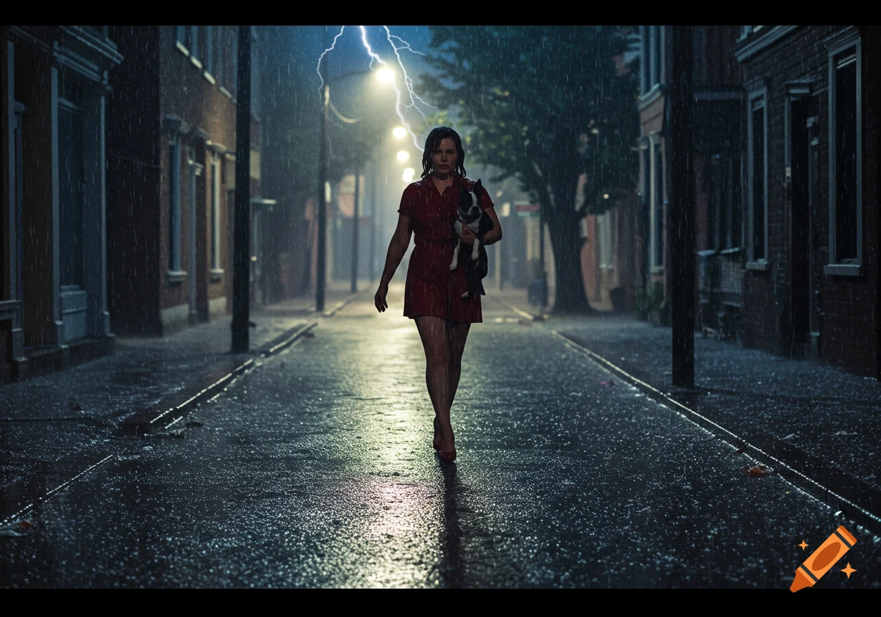 A woman in a red dress walks down a wet city street in heavy rain, carrying a small dog, with lightning in the sky. Photorealistic style.