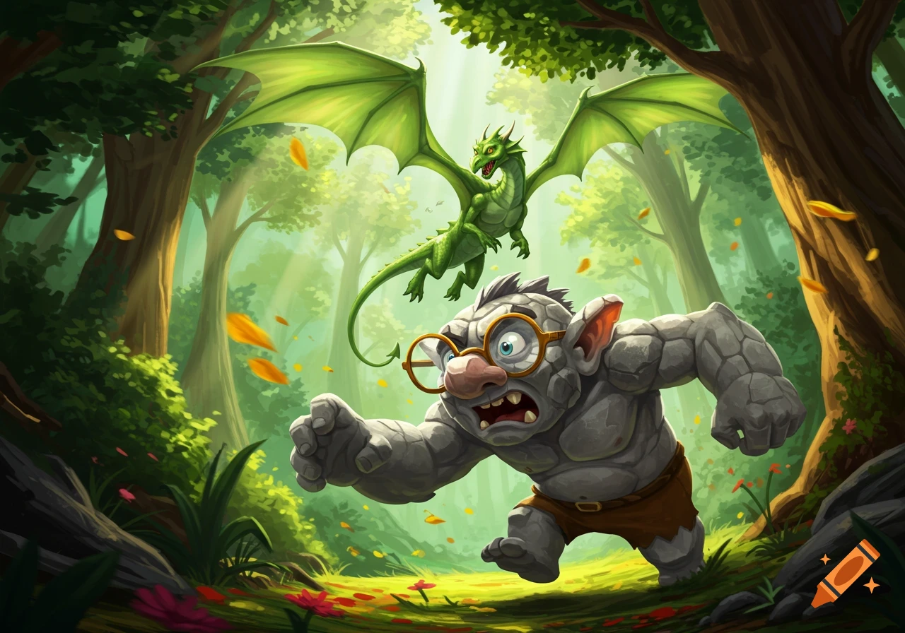 A gray troll with glasses running through a forest, being chased by a green dragon in a vibrant, stylized illustration.