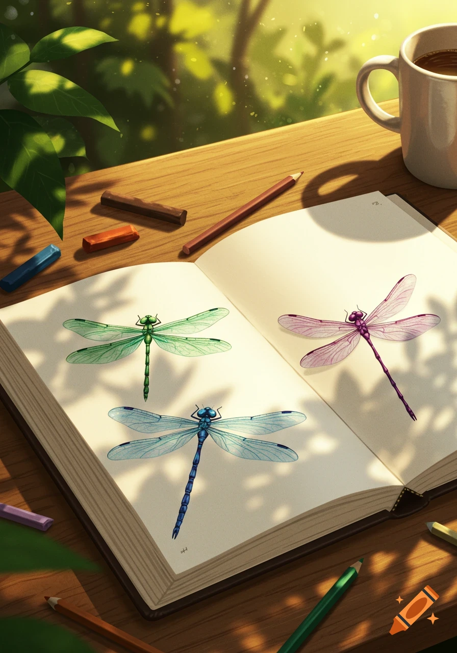 An open drawing book on a wooden table shows detailed illustrations of three colorful dragonflies, illuminated by sunlight.