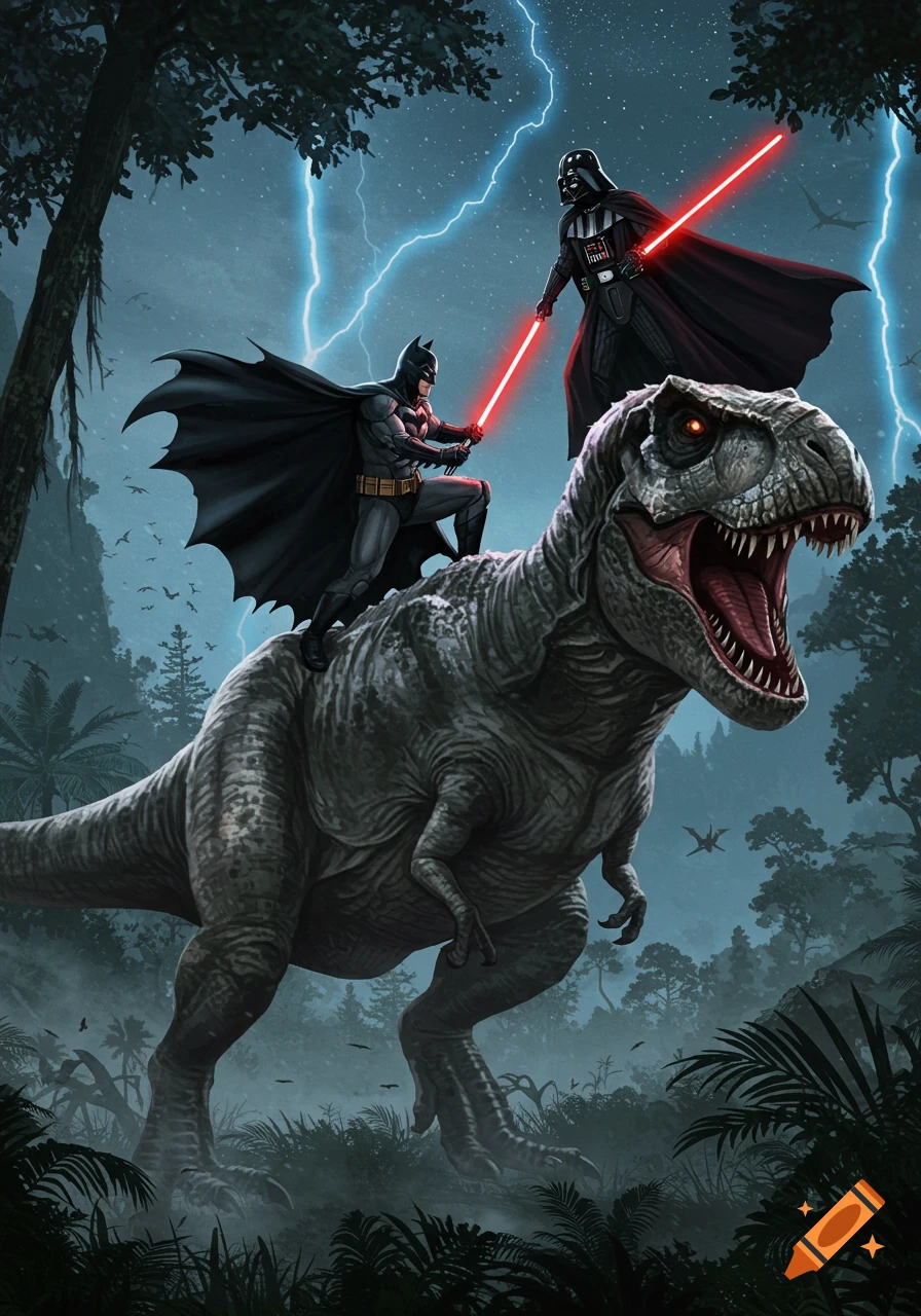 Batman riding a T-Rex battles Darth Vader wielding a red lightsaber in a stormy jungle with lightning.