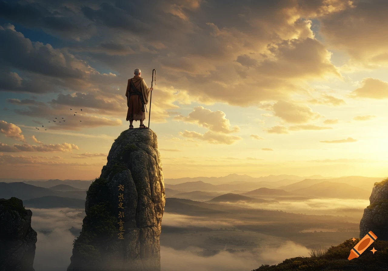 A solitary monk stands on a rocky peak, gazing out over a vast, misty mountain range under a dramatic sunrise sky.