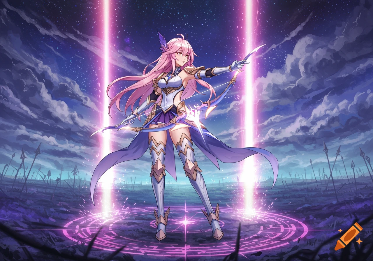 Anime character Elysia with pink hair and armor stands on a glowing magic circle holding a bow, on a battlefield under a starry sky.