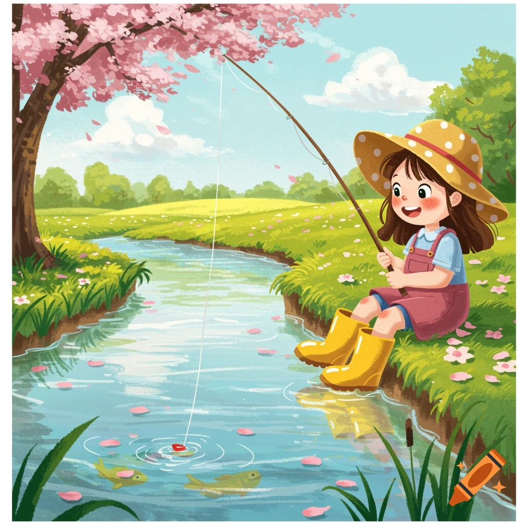 Cartoon of a smiling little girl in a sun hat and yellow boots fishing in a cherry blossom-lined river.