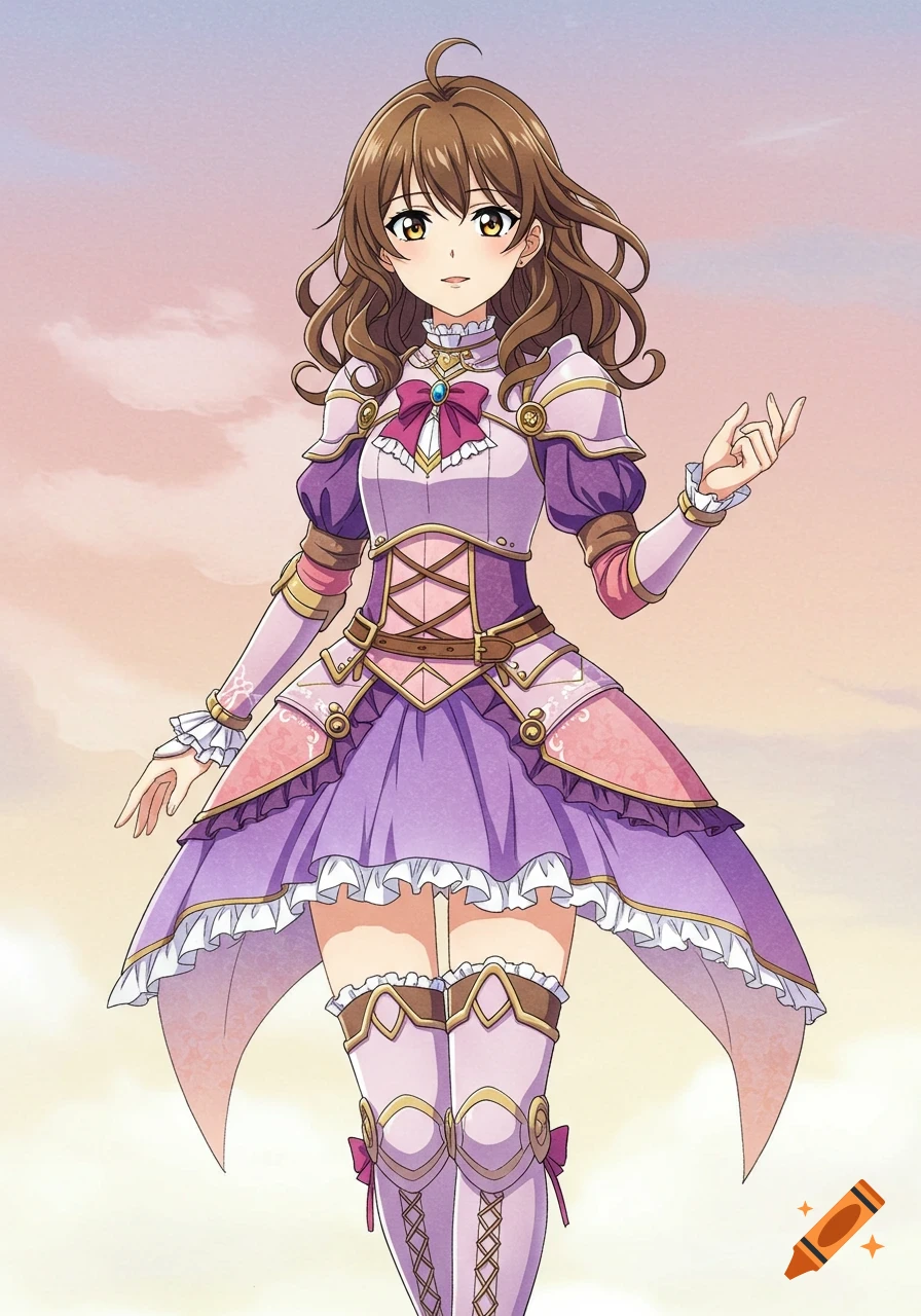 An anime girl with brown hair and golden eyes, wearing purple and pink medieval fantasy armor, stands in a soft sky background.