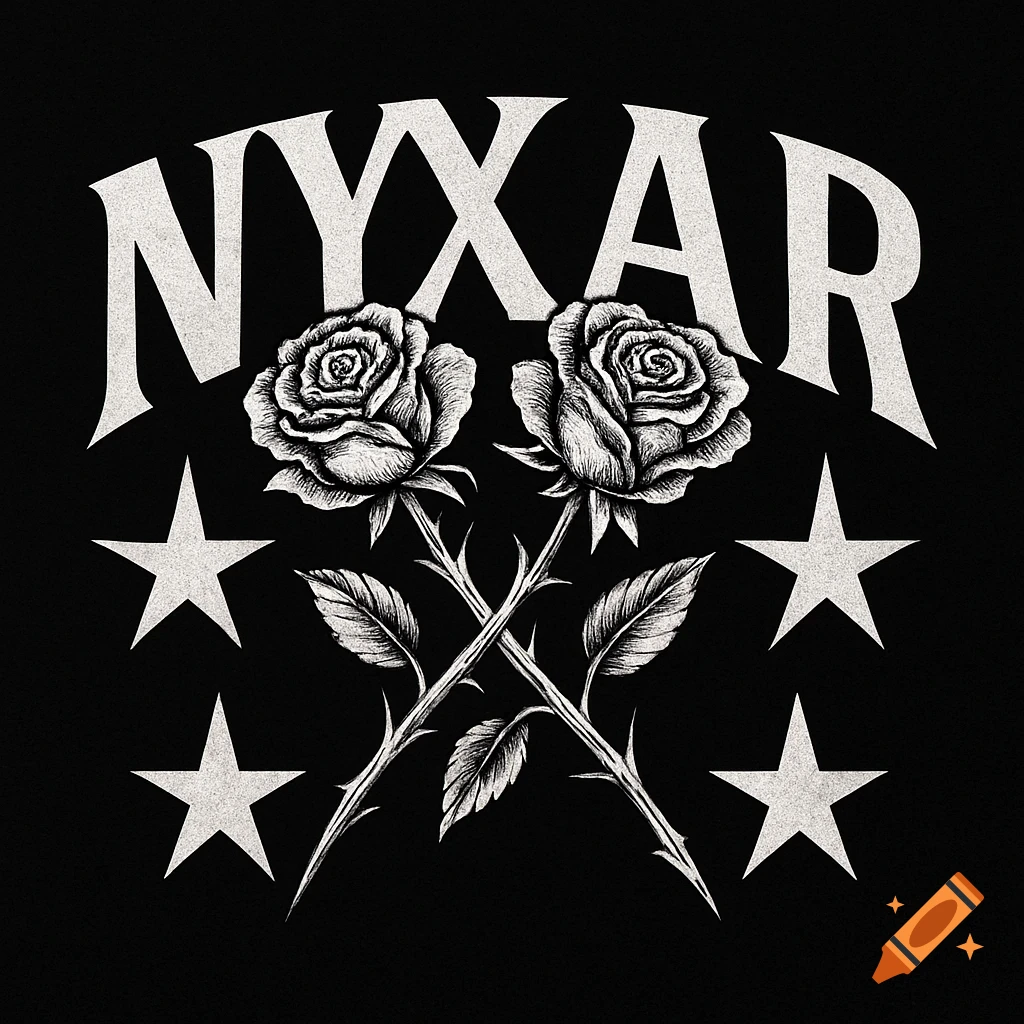 A black and white grunge logo with the word NYXAR, two crossed thorny roses, and four stars.