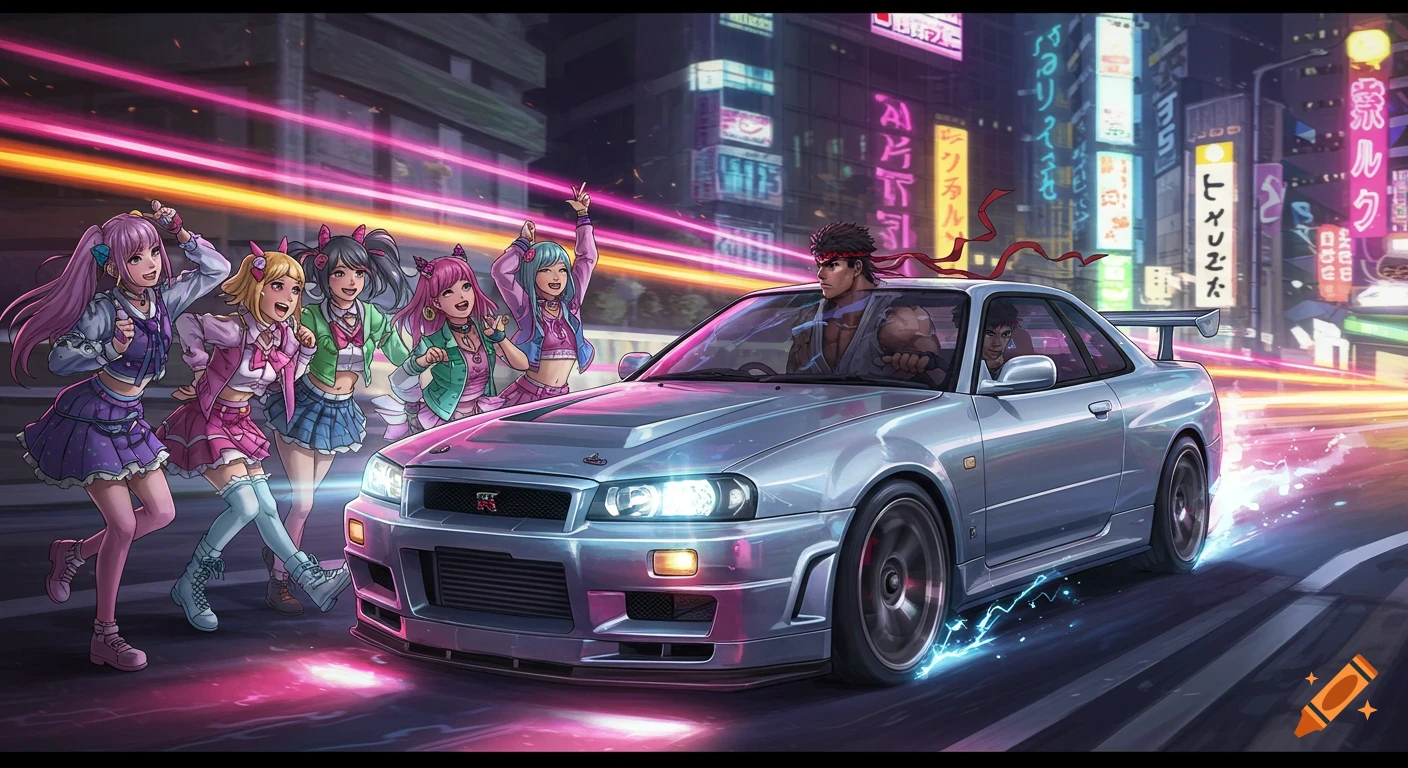 Ryu from Street Fighter drives a silver Nissan Skyline R34 at night in Tokyo, with K-pop girls cheering amid neon lights.