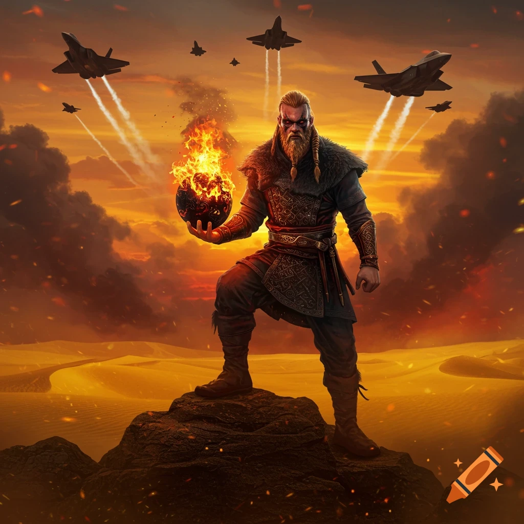 A muscular Viking with a beard and braided hair stands on a rock, holding a flaming black orb in a desert at sunset, with F-35 fighter jets flying overhead.