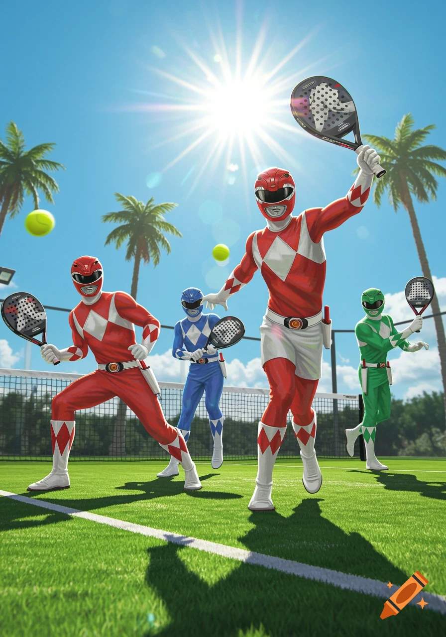 Four Power Rangers play padel on a sunny green court with palm trees in the background.