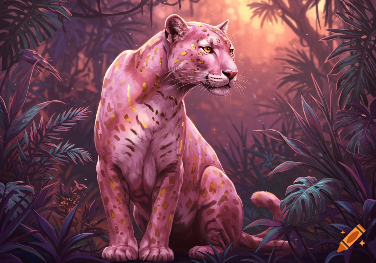 A vibrant pink and gold panther sits in a lush, stylized jungle with warm light.