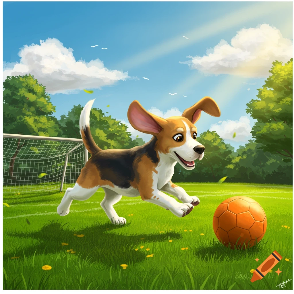 A happy cartoon beagle runs on a green soccer field towards an orange soccer ball, with a goal and trees in the background.