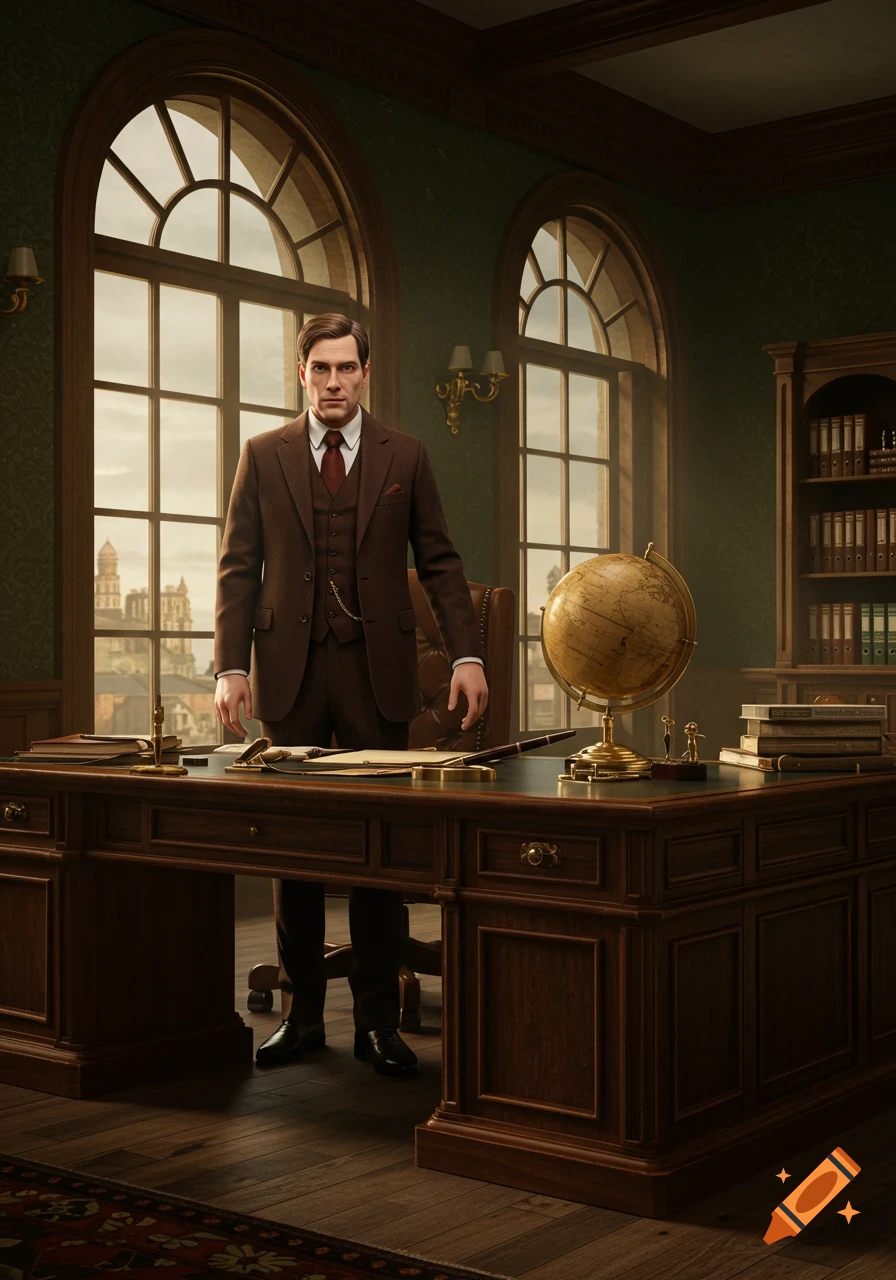 Photorealistic portrait of a man in a brown suit standing behind a large wooden desk in a classic office with arched windows.
