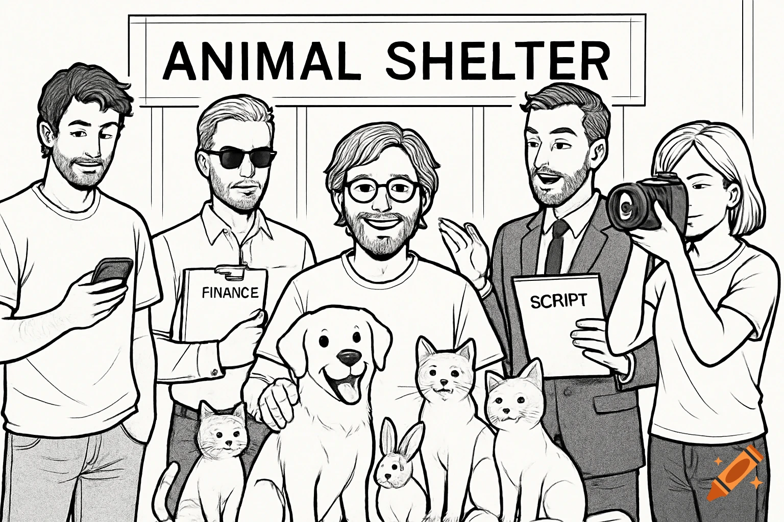 Black and white line art illustration of five people and several pets including dogs, cats, and a rabbit, in an animal shelter.