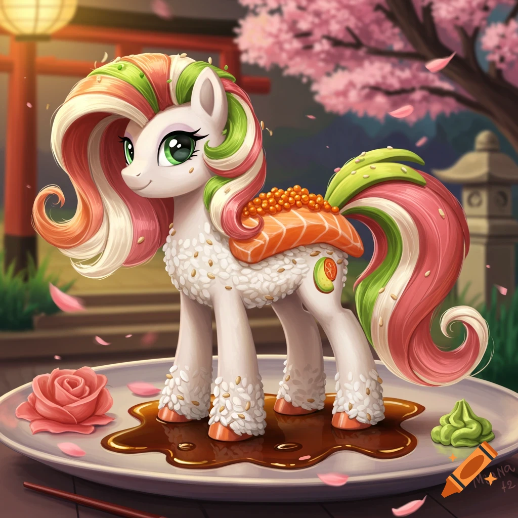 A cartoon pony resembling a sushi roll stands on a plate with soy sauce. It has a rice body, salmon on its back, and a colorful mane and tail. Cherry blossoms in the background.