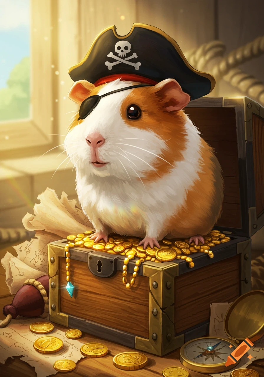 An adorable guinea pig dressed as a pirate sits in an open treasure chest filled with gold coins, in a whimsical digital art style.